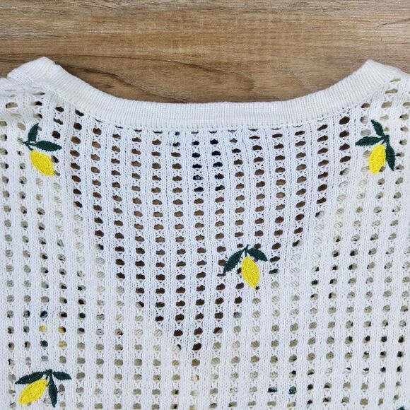 🔹️Forever 21 Cream w/Lemons Open Knit Crop Long Sleeve Sweater Medium - Picture 6 of 12